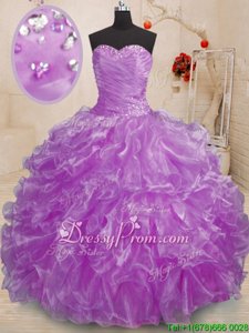 Pretty Purple Sleeveless Floor Length Beading and Ruffles Lace Up 15 Quinceanera Dress
