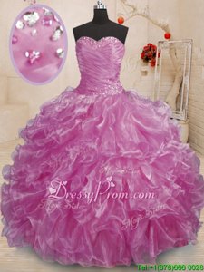 Pretty Lilac Ball Gowns Organza Sweetheart Sleeveless Beading and Ruffles Floor Length Lace Up Sweet 16 Dresses