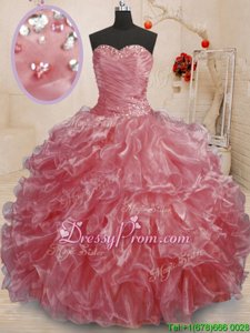 Hot Selling Floor Length Lace Up Quinceanera Dresses Watermelon Red and In forMilitary Ball and Sweet 16 and Quinceanera withBeading and Ruffles