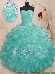 Best Selling Teal Sweetheart Neckline Beading and Ruffles Quinceanera Gown Sleeveless Lace Up