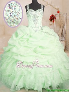 Low Price Floor Length Yellow Green Sweet 16 Quinceanera Dress Organza Sleeveless Spring and Summer and Fall and Winter Beading and Ruffles and Pick Ups