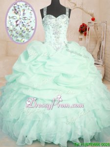 Adorable Sleeveless Floor Length Beading and Ruffles and Pick Ups Zipper Quince Ball Gowns with Apple Green