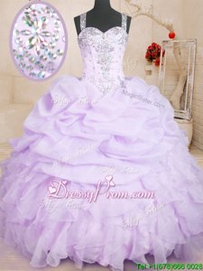 Cheap Organza Straps Sleeveless Lace Up Beading and Ruffles and Pick Ups Sweet 16 Dress inLavender