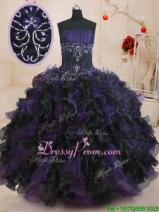 Flare Strapless Sleeveless Quince Ball Gowns Floor Length Beading and Ruffles Black And Purple Organza