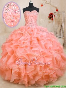 Luxury Sweetheart Sleeveless Sweet 16 Dress Floor Length Beading and Ruffles Orange Organza