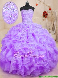 Super Lilac Ball Gowns Beading and Ruffles Quinceanera Gown Lace Up Organza Sleeveless Floor Length