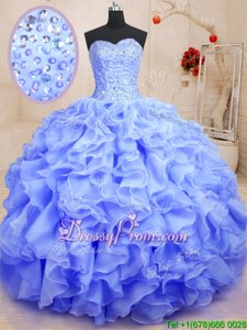 Dynamic Purple Ball Gowns Sweetheart Sleeveless Organza Floor Length Lace Up Beading and Ruffles 15th Birthday Dress