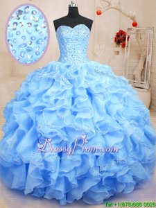 Eye-catching Blue Ball Gowns Sweetheart Sleeveless Organza Floor Length Lace Up Beading and Ruffles 15th Birthday Dress