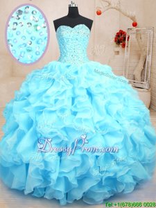 Dramatic Baby Blue Organza Lace Up Quinceanera Dress Sleeveless Floor Length Beading and Ruffles