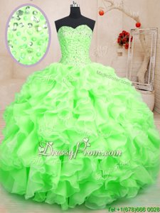 Stunning Sweetheart Sleeveless Organza Ball Gown Prom Dress Beading and Ruffles Lace Up