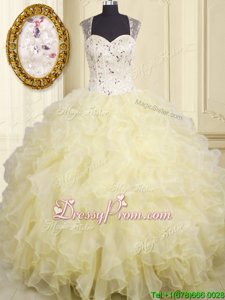 Romantic Sleeveless Organza Floor Length Lace Up Vestidos de Quinceanera inLight Yellow forSpring and Summer and Fall and Winter withBeading and Ruffles
