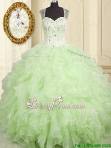 Great Yellow Green Sleeveless Beading and Ruffles Floor Length Quince Ball Gowns