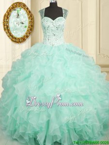 Aqua Blue Ball Gowns Straps Sleeveless Organza Floor Length Zipper Beading and Ruffles Ball Gown Prom Dress