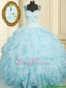 Fantastic Straps Sleeveless Organza Quinceanera Gowns Beading and Ruffles Lace Up