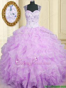 Shining Lavender Zipper Quince Ball Gowns Beading and Ruffles Sleeveless Floor Length