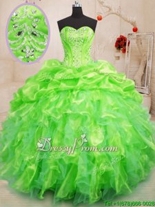 Custom Fit Sleeveless Organza Floor Length Lace Up 15th Birthday Dress inSpring Green forSpring and Summer and Fall and Winter withBeading and Ruffles