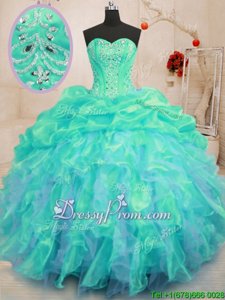 Amazing Turquoise Sleeveless Beading and Ruffles Floor Length 15th Birthday Dress