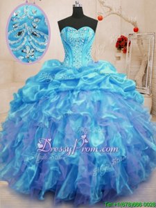 Fantastic Aqua Blue Sweetheart Lace Up Beading and Ruffles 15th Birthday Dress Sleeveless