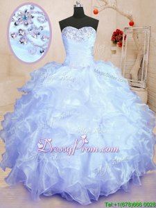 Best Floor Length Lavender Sweet 16 Dresses Organza Sleeveless Spring and Summer and Fall and Winter Beading and Ruffles