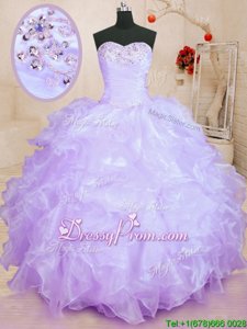 Traditional Lavender Lace Up 15th Birthday Dress Beading and Ruffles Sleeveless Floor Length