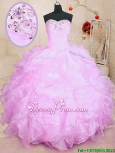 Fancy Lilac Organza Lace Up Sweetheart Sleeveless Floor Length Sweet 16 Quinceanera Dress Beading and Ruffles