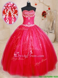 Admirable Spring and Summer and Fall and Winter Tulle and Sequined Sleeveless Floor Length Quince Ball Gowns andBeading