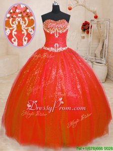 Red Sleeveless Beading Floor Length Quinceanera Dress