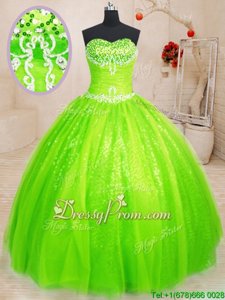 Sumptuous Spring Green Ball Gowns Tulle and Sequined Sweetheart Sleeveless Beading Floor Length Lace Up Quinceanera Dress