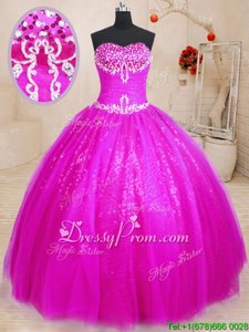 Nice Beading Quinceanera Dresses Fuchsia Lace Up Sleeveless Floor Length