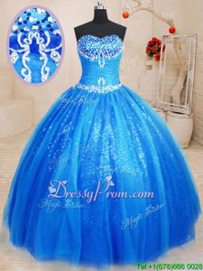 Pretty Royal Blue Tulle and Sequined Lace Up Ball Gown Prom Dress Sleeveless Floor Length Beading and Appliques