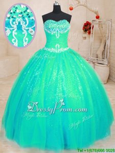 Sleeveless Floor Length Beading and Appliques Lace Up Sweet 16 Dress with Turquoise
