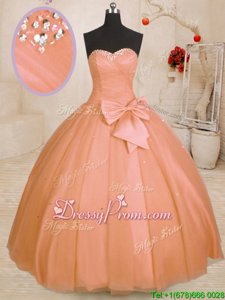 Fancy Orange Tulle Lace Up Sweetheart Sleeveless Floor Length Ball Gown Prom Dress Beading and Bowknot