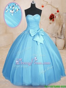 Sweetheart Sleeveless Quince Ball Gowns Floor Length Beading and Bowknot Baby Blue Tulle