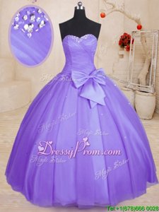 Deluxe Lavender Sleeveless Beading and Bowknot Floor Length Quinceanera Gown