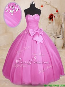 Pretty Beading and Bowknot Quince Ball Gowns Lilac Lace Up Sleeveless Floor Length