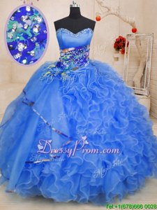 Blue Sleeveless Organza Lace Up Sweet 16 Quinceanera Dress forMilitary Ball and Sweet 16 and Quinceanera