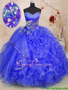 Best Selling Sweetheart Sleeveless Lace Up Quinceanera Gowns Royal Blue Organza