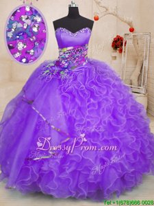 Lavender 15 Quinceanera Dress Military Ball and Sweet 16 and Quinceanera and For withBeading and Ruffles Sweetheart Sleeveless Lace Up