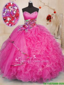 Top Selling Hot Pink Organza Lace Up Sweetheart Sleeveless Floor Length Quinceanera Dress Beading and Ruffles