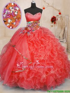 Adorable Sweetheart Sleeveless Quinceanera Gowns Floor Length Beading and Ruffles Coral Red Organza