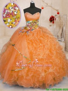 Pretty Floor Length Lace Up Quinceanera Gown Orange and In forMilitary Ball and Sweet 16 and Quinceanera withBeading and Ruffles