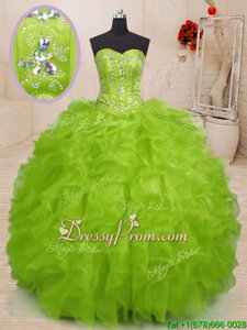 Edgy Yellow Green Ball Gowns Sweetheart Sleeveless Organza Floor Length Lace Up Beading and Ruffles Sweet 16 Dresses