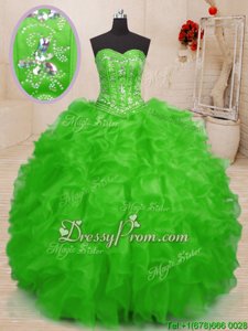 Excellent Spring Green Lace Up Sweetheart Beading and Ruffles Quinceanera Gown Organza Sleeveless