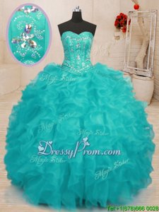 Customized Sleeveless Floor Length Beading and Ruffles Lace Up 15th Birthday Dress with Aqua Blue