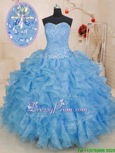 Spectacular Sleeveless Organza Floor Length Lace Up Sweet 16 Quinceanera Dress inBlue forSpring and Summer and Fall and Winter withBeading and Ruffles