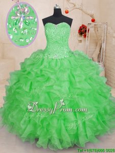 Stunning Spring Green Ball Gowns Organza Sweetheart Sleeveless Beading and Ruffles Floor Length Lace Up Ball Gown Prom Dress