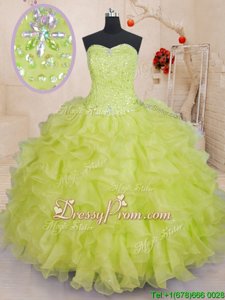 Custom Design Beading and Ruffles Quinceanera Dresses Yellow Green Lace Up Sleeveless Floor Length