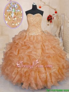 Exceptional Orange Ball Gowns Beading and Ruffles Quinceanera Gown Lace Up Organza Sleeveless Floor Length