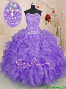 Hot Selling Lavender Lace Up Sweet 16 Dress Beading and Ruffles Sleeveless Floor Length