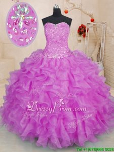 Noble Floor Length Purple 15th Birthday Dress Organza Sleeveless Spring and Summer and Fall and Winter Beading and Ruffles